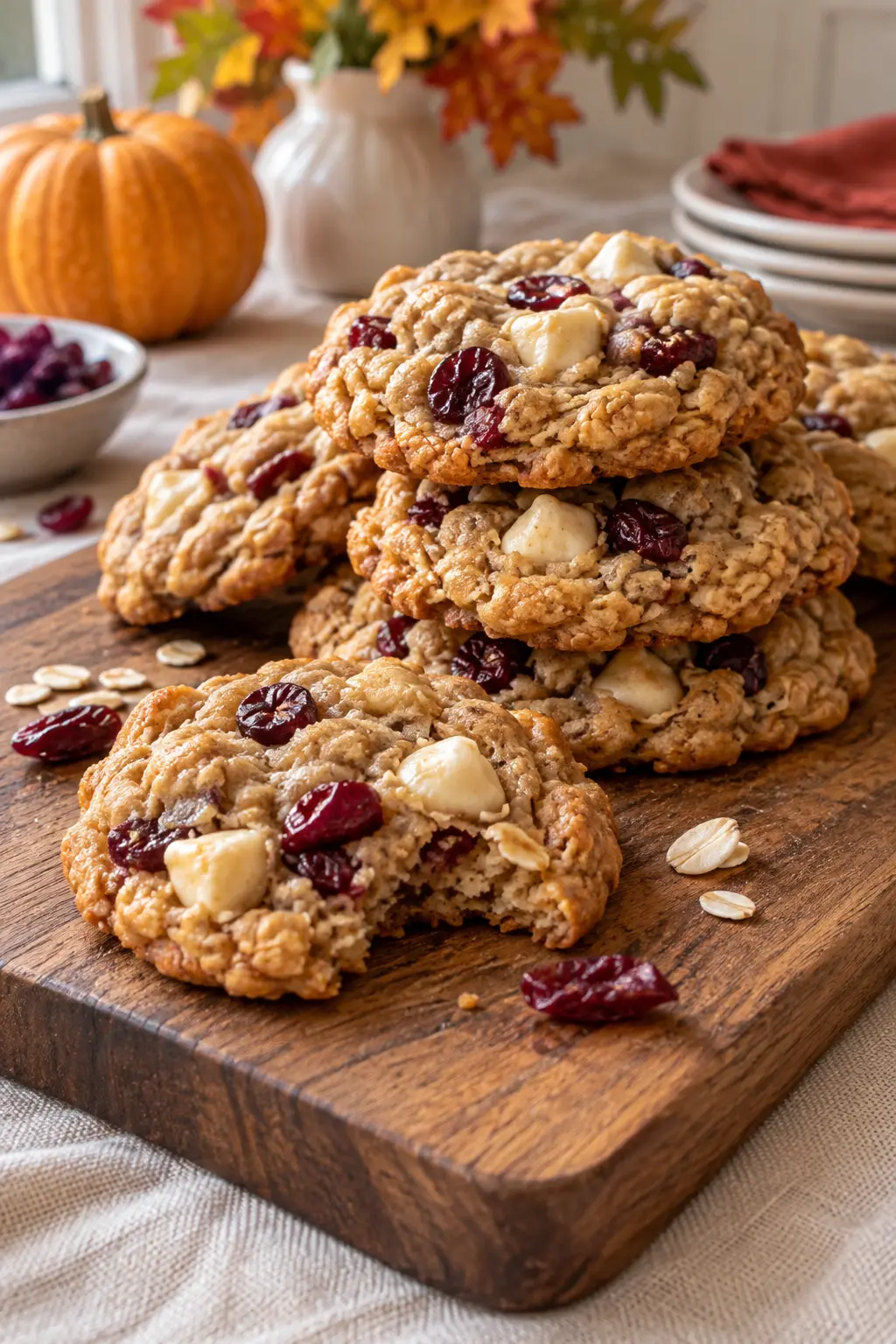 Cranberry white chocolate oatmeal cookies with red fruit and pale chocolate pieces
