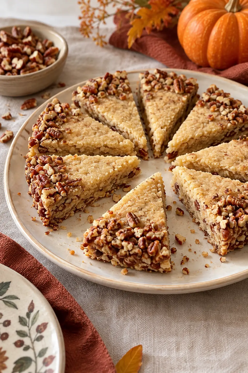 Maple pecan shortbread cut into tidy triangular wedges on a dark tray