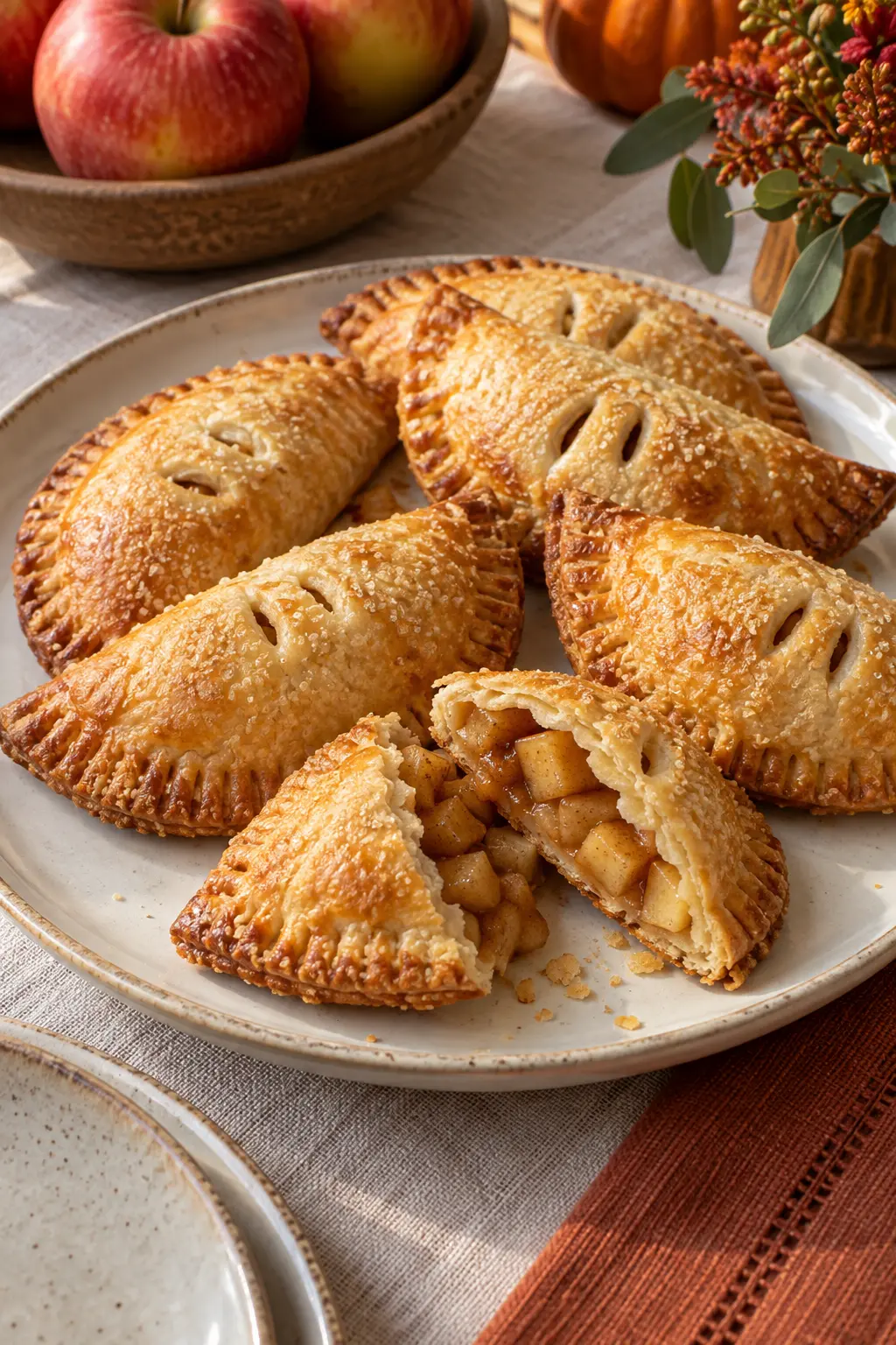 Golden half-moon apple hand pies with crimped edges and small steam vents