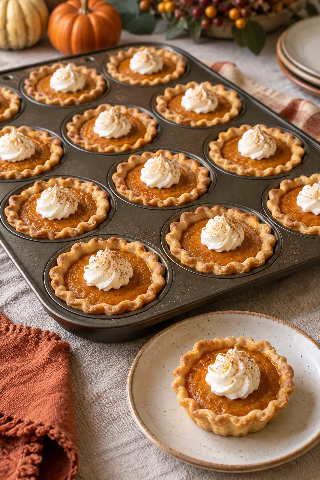 Mini sweet potato pies in fluted pastry shells arranged on a baking tray
