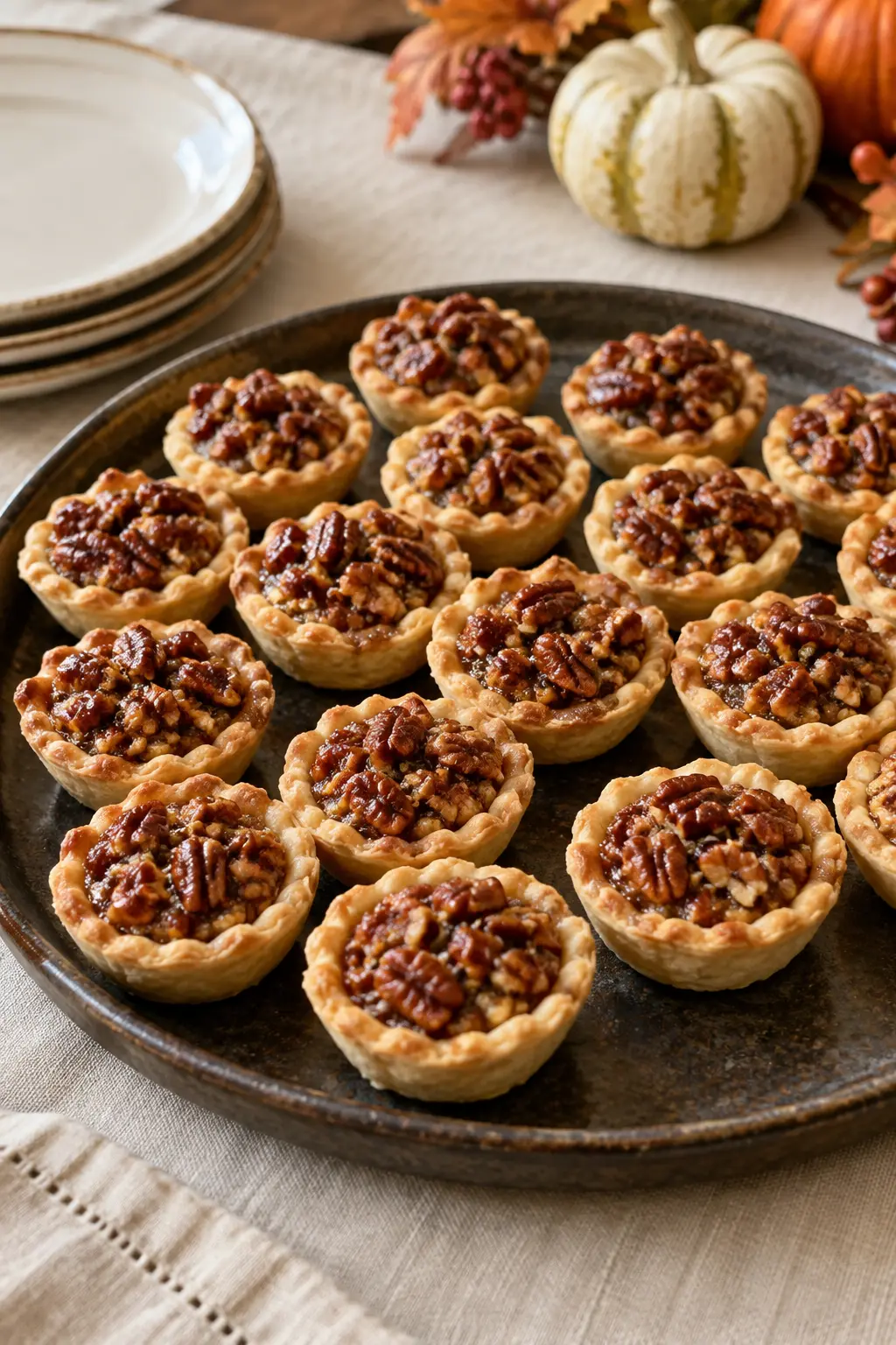 Bite-size pecan tassies with glossy centers in small cream cheese pastry shells