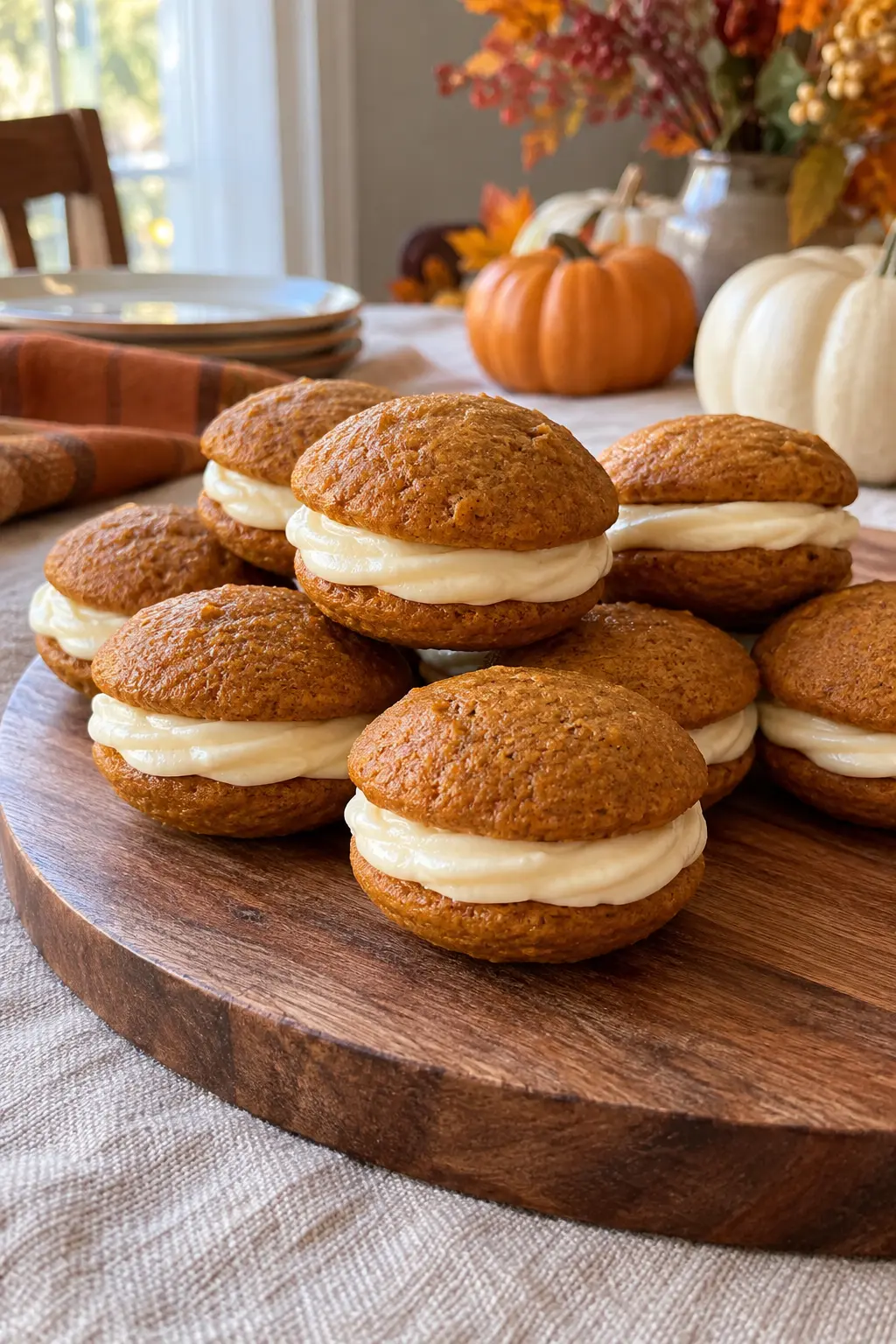 Small pumpkin whoopie pies filled with neat rings of cream cheese filling