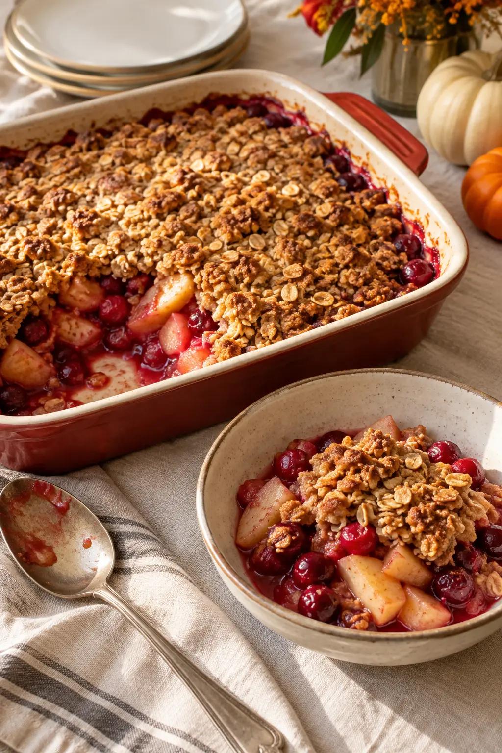 Warm apple cranberry crisp with ruby fruit bubbling beneath golden oat topping