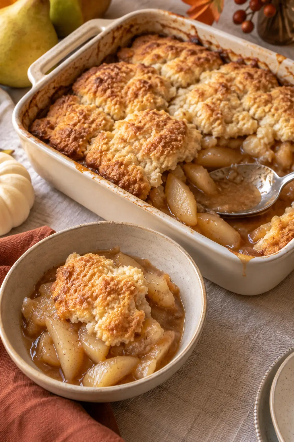 Pear ginger cobbler with rustic golden biscuits over juicy pear filling