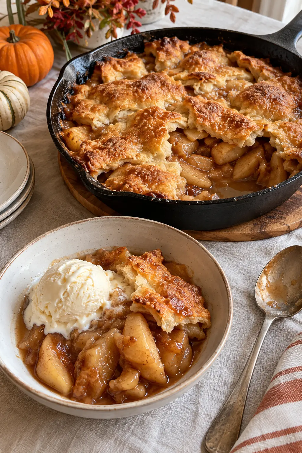 Rustic apple pandowdy with broken golden pastry pressed into bubbling fruit