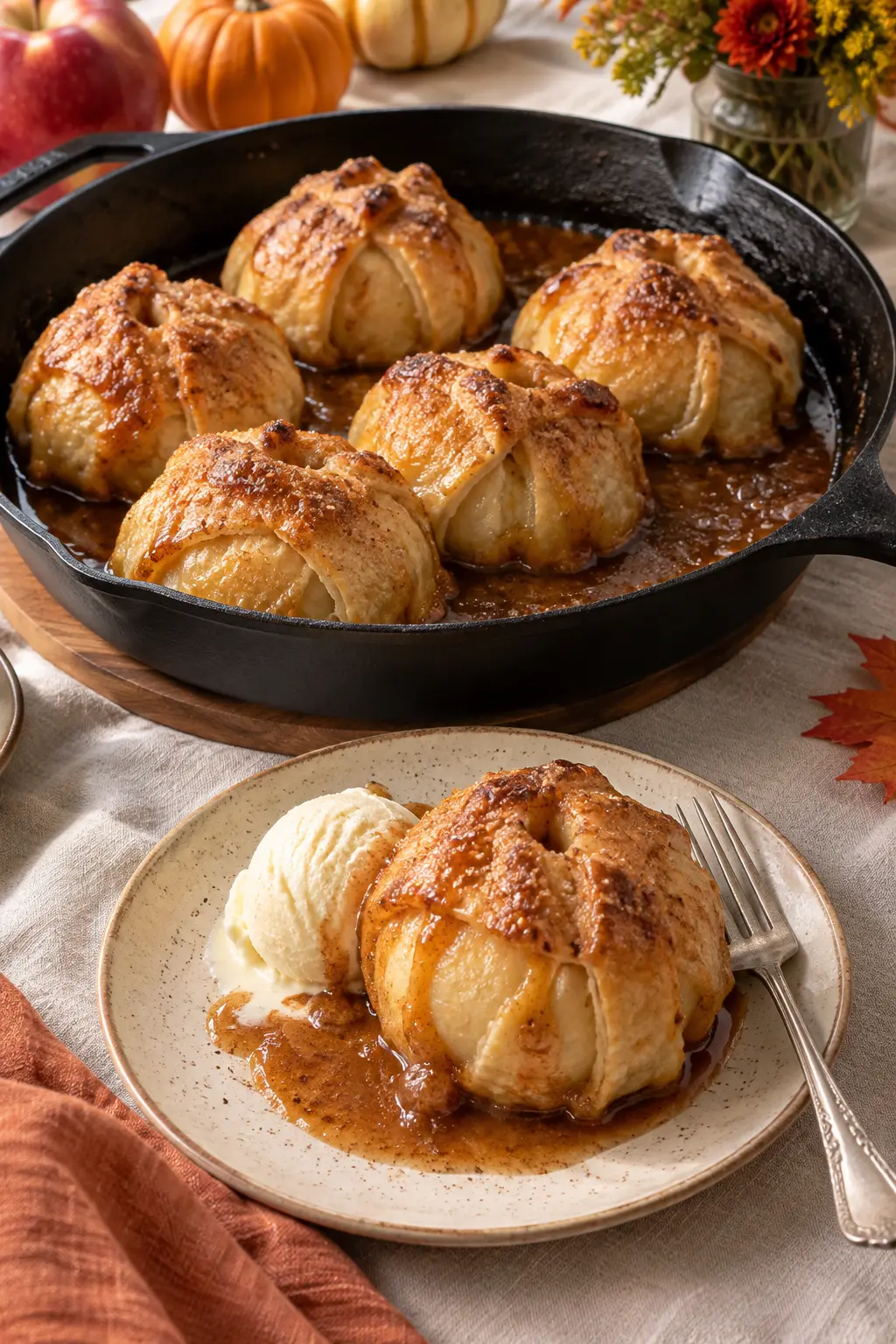 Whole apple dumplings wrapped in flaky pastry with cinnamon sauce in a skillet