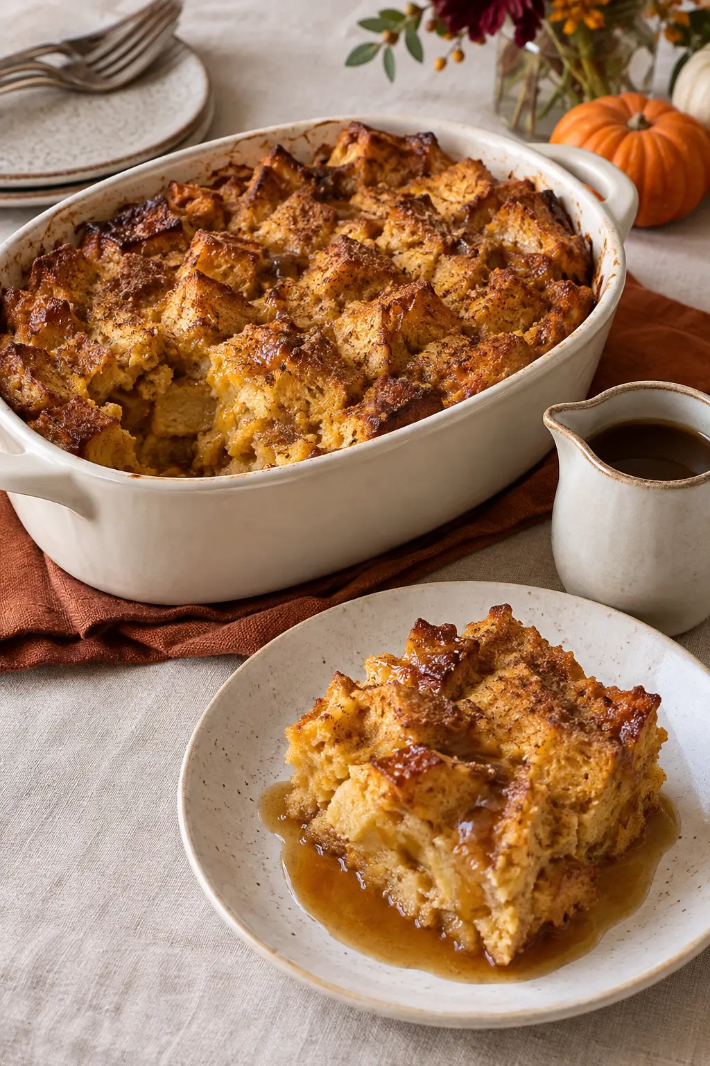 Pumpkin bread pudding baked in a cream ceramic dish with crisp browned cubes