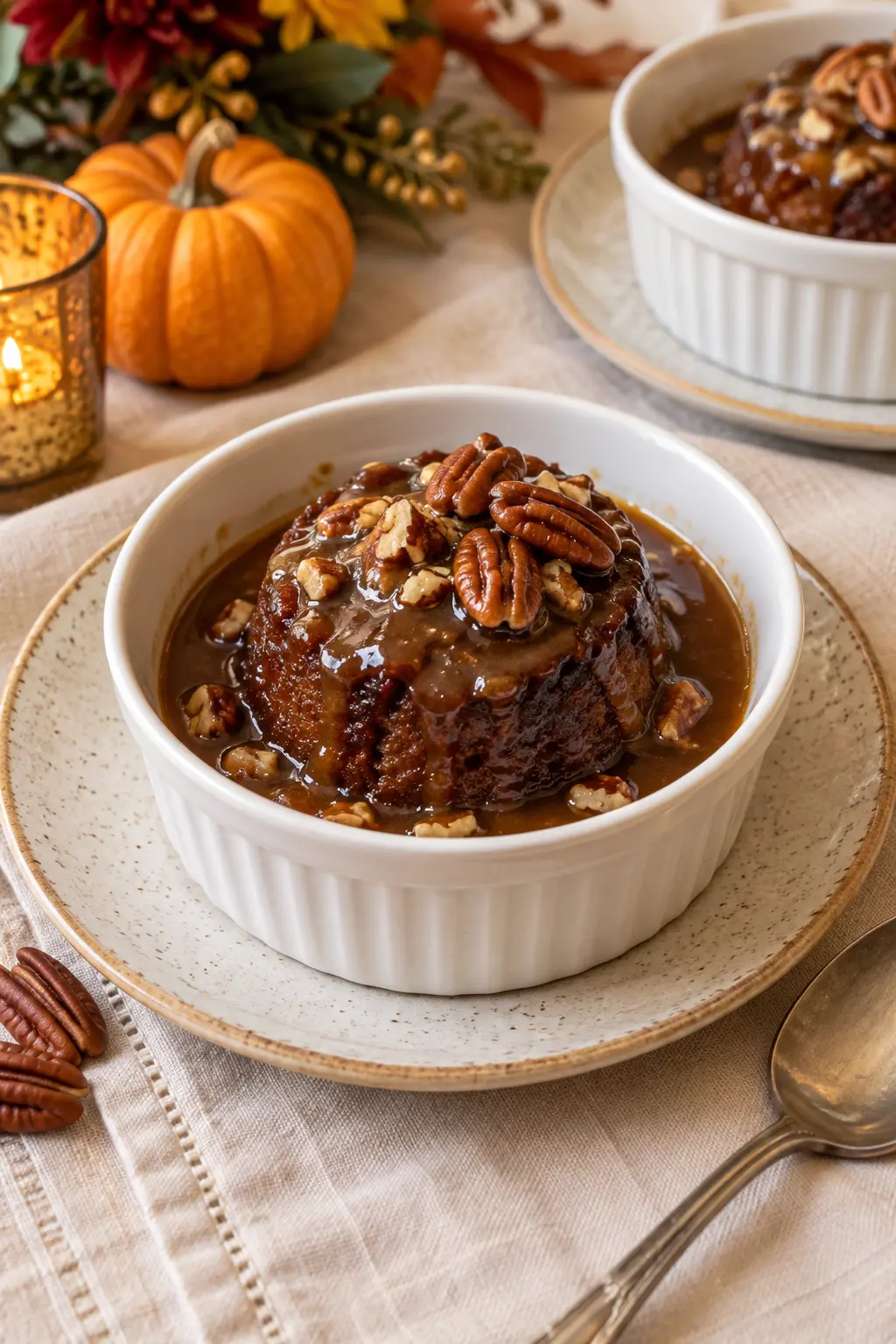 Individual sticky toffee pudding with warm maple pecan sauce pooling around it