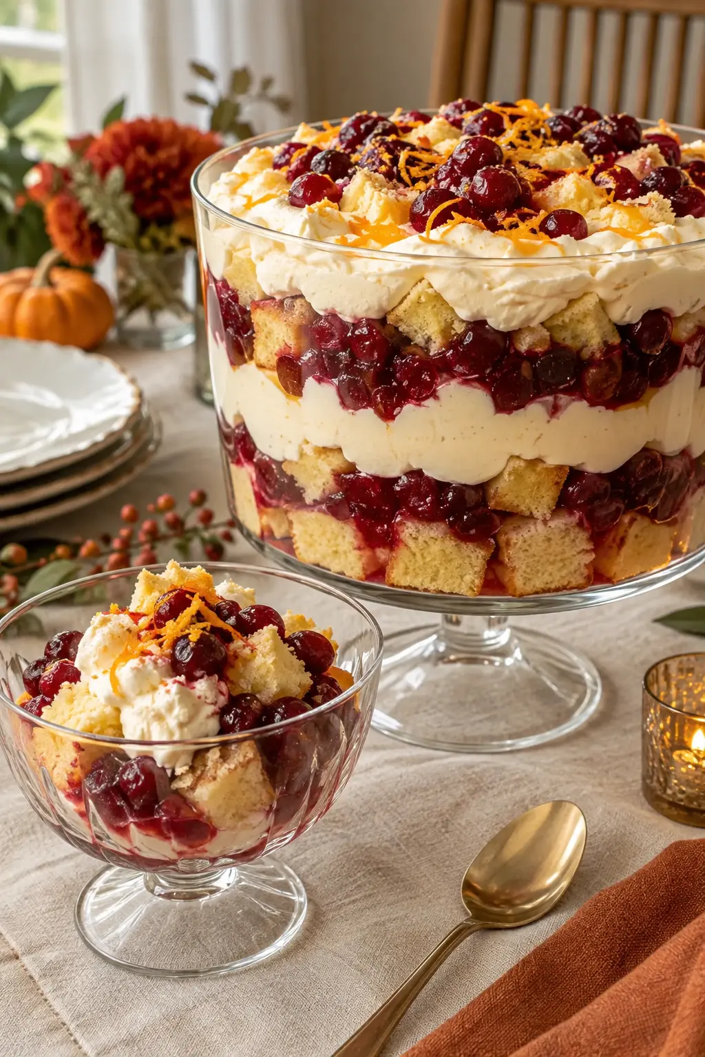 Clear glass cranberry orange trifle with visible cake cream and ruby fruit layers