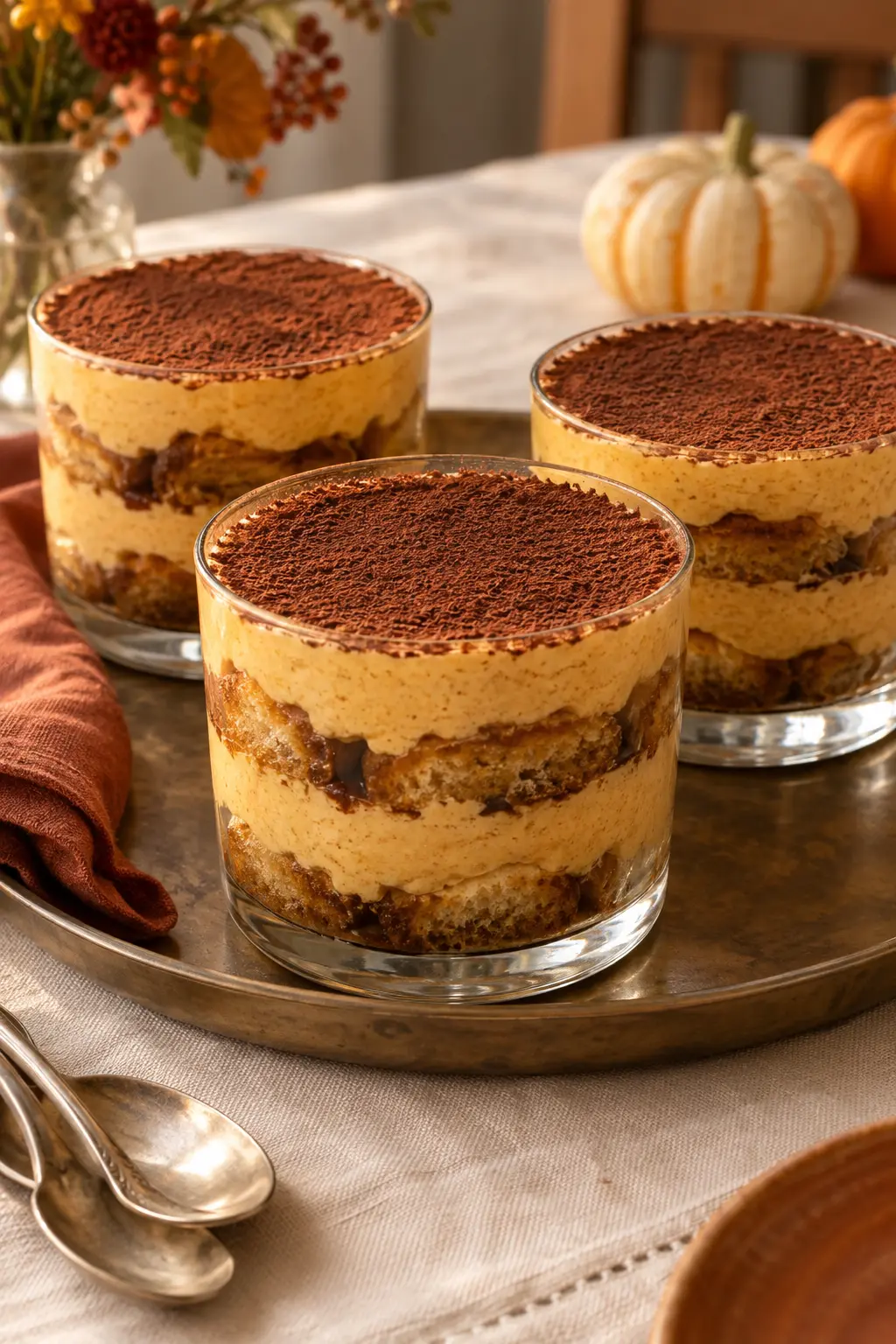 Pumpkin tiramisu cups with alternating cream and coffee-soaked cake layers