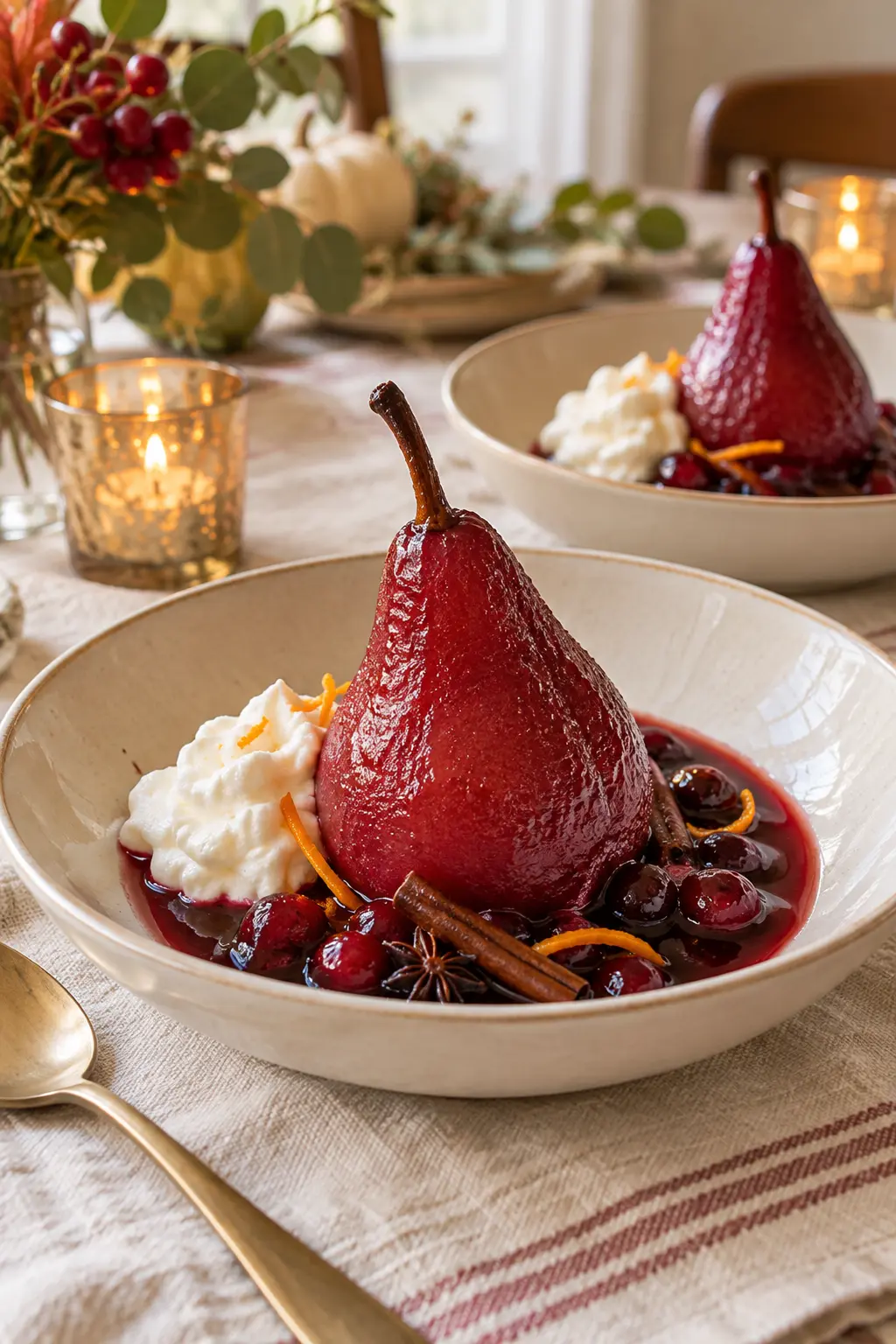 Whole poached pears stained ruby by cranberry spice syrup in shallow bowls