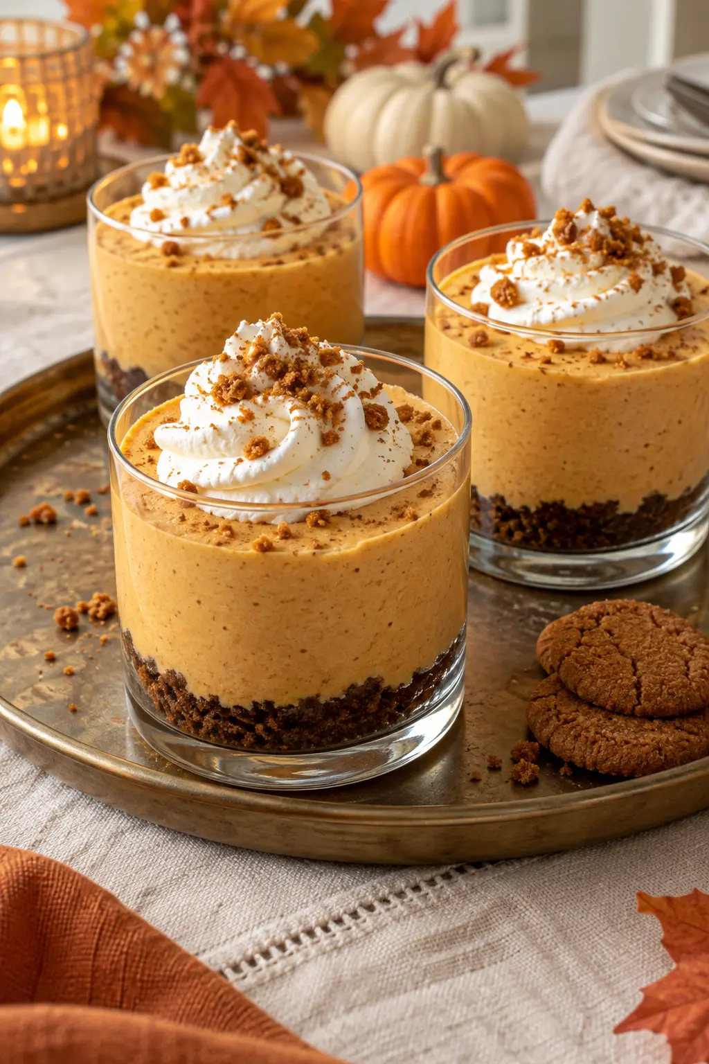 No-bake pumpkin cheesecake cups with gingersnap crumbs and smooth orange filling