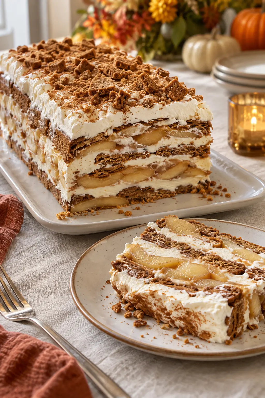 Sliced gingersnap apple icebox cake with soft cookie cream and apple layers