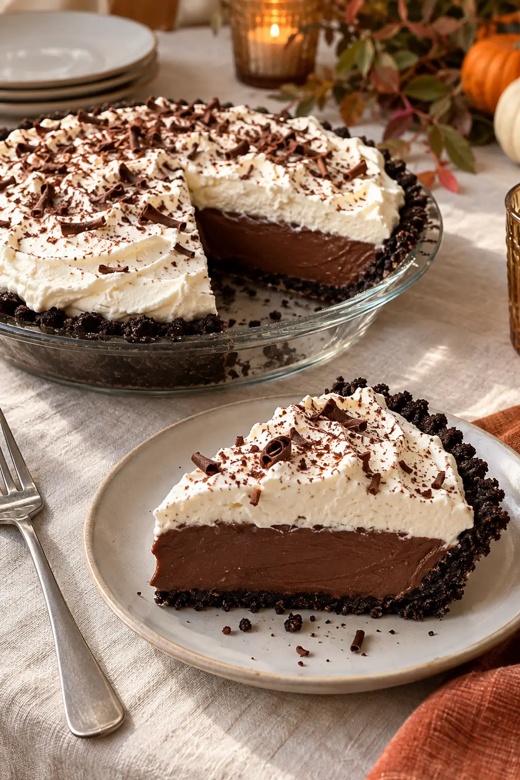 No-bake chocolate cream pie in a dark cookie crust with soft whipped topping