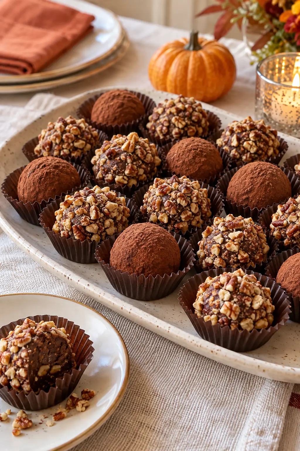 Chocolate pecan truffles with varied cocoa and finely chopped pecan coatings