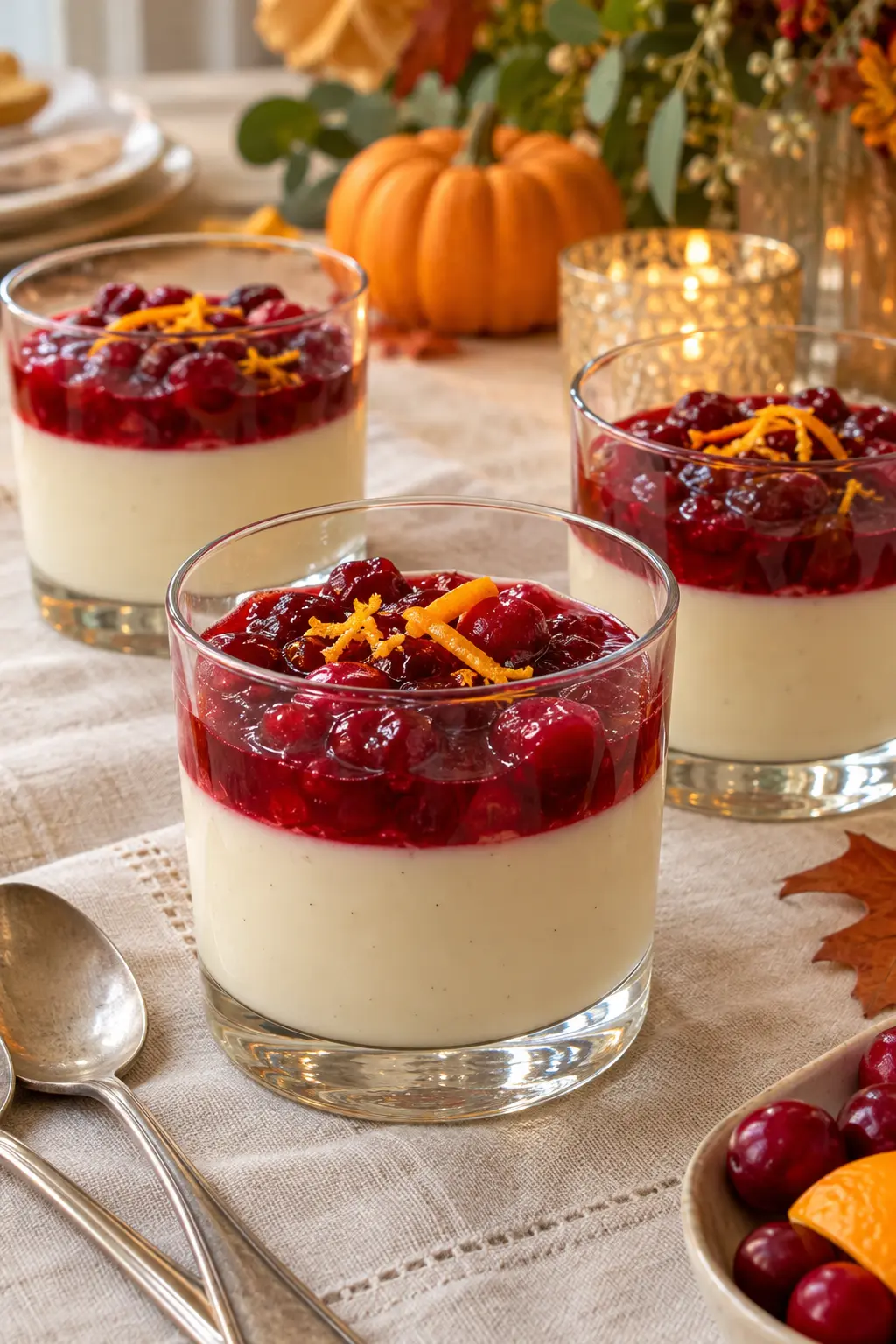Creamy panna cotta glasses topped with ruby cranberry orange compote