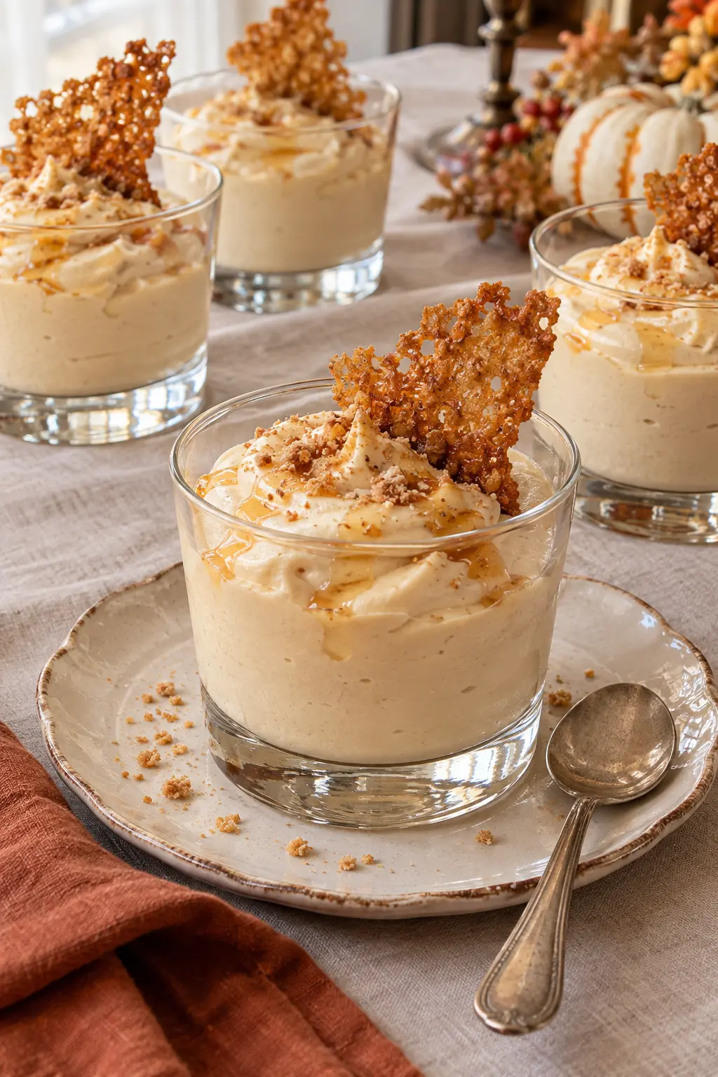 Airy maple mousse in small clear glasses with a crisp cookie shard