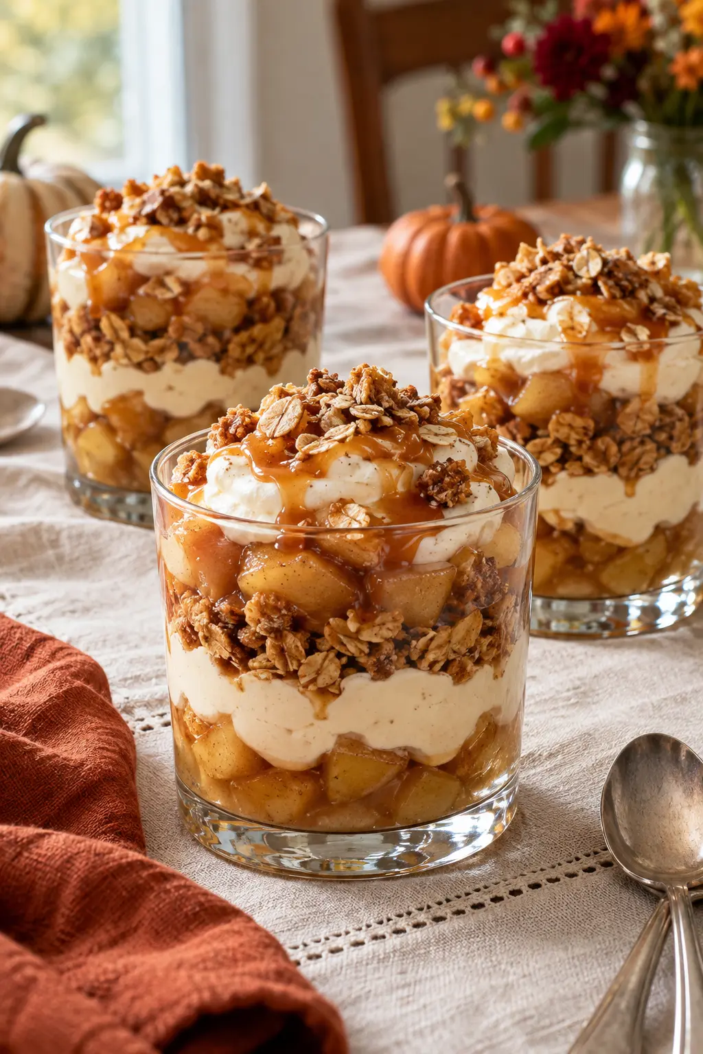 Caramel apple parfaits layered with cooked apples vanilla cream and oat crumble
