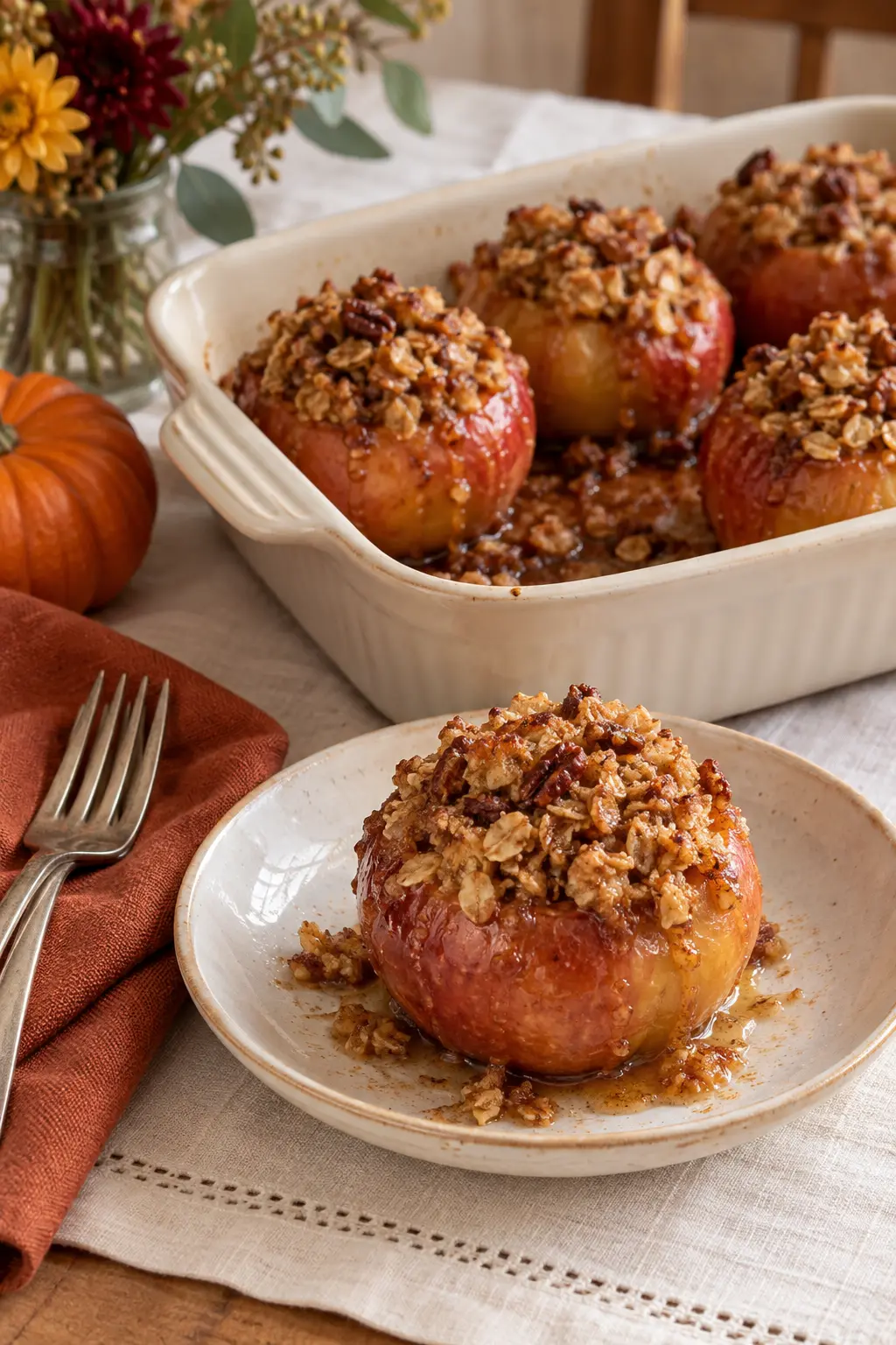 Baked apples filled with certified gluten-free oat crumble in a ceramic dish