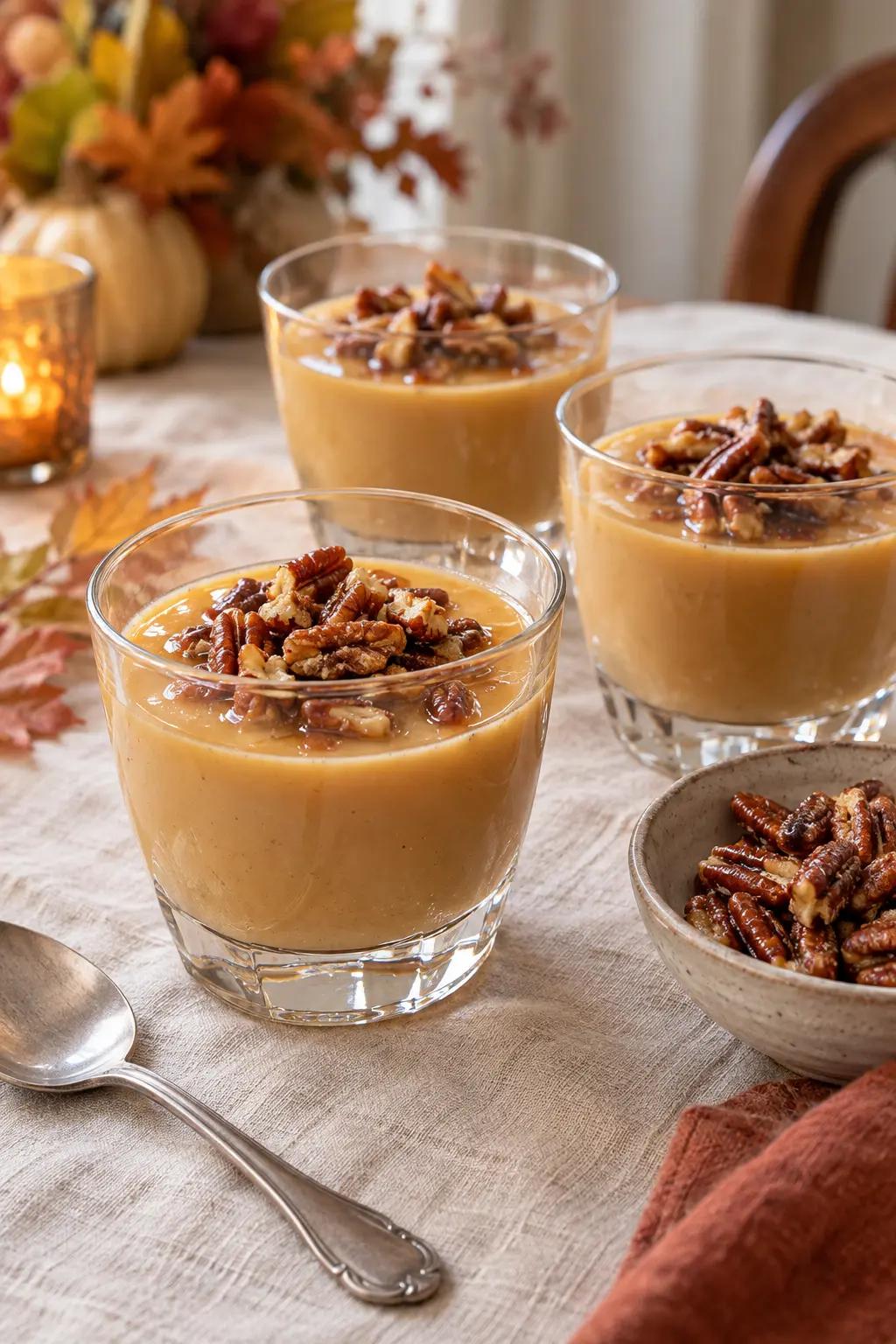 Vegan maple pudding cups topped with toasted pecans in clear glasses