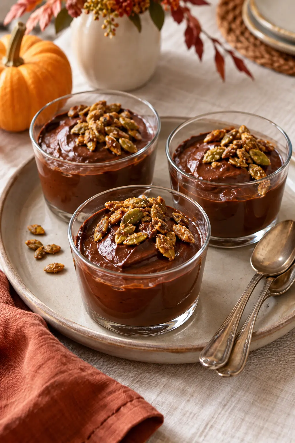 Dark dairy-free chocolate avocado mousse with candied pumpkin seeds in small cups
