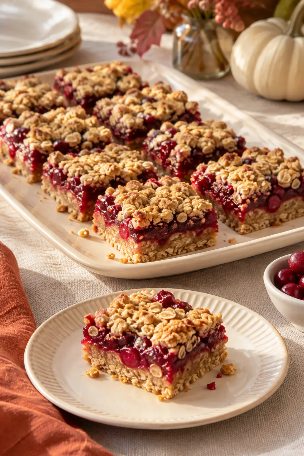 Nut-free cranberry oat bars with bright fruit filling and golden crumb topping