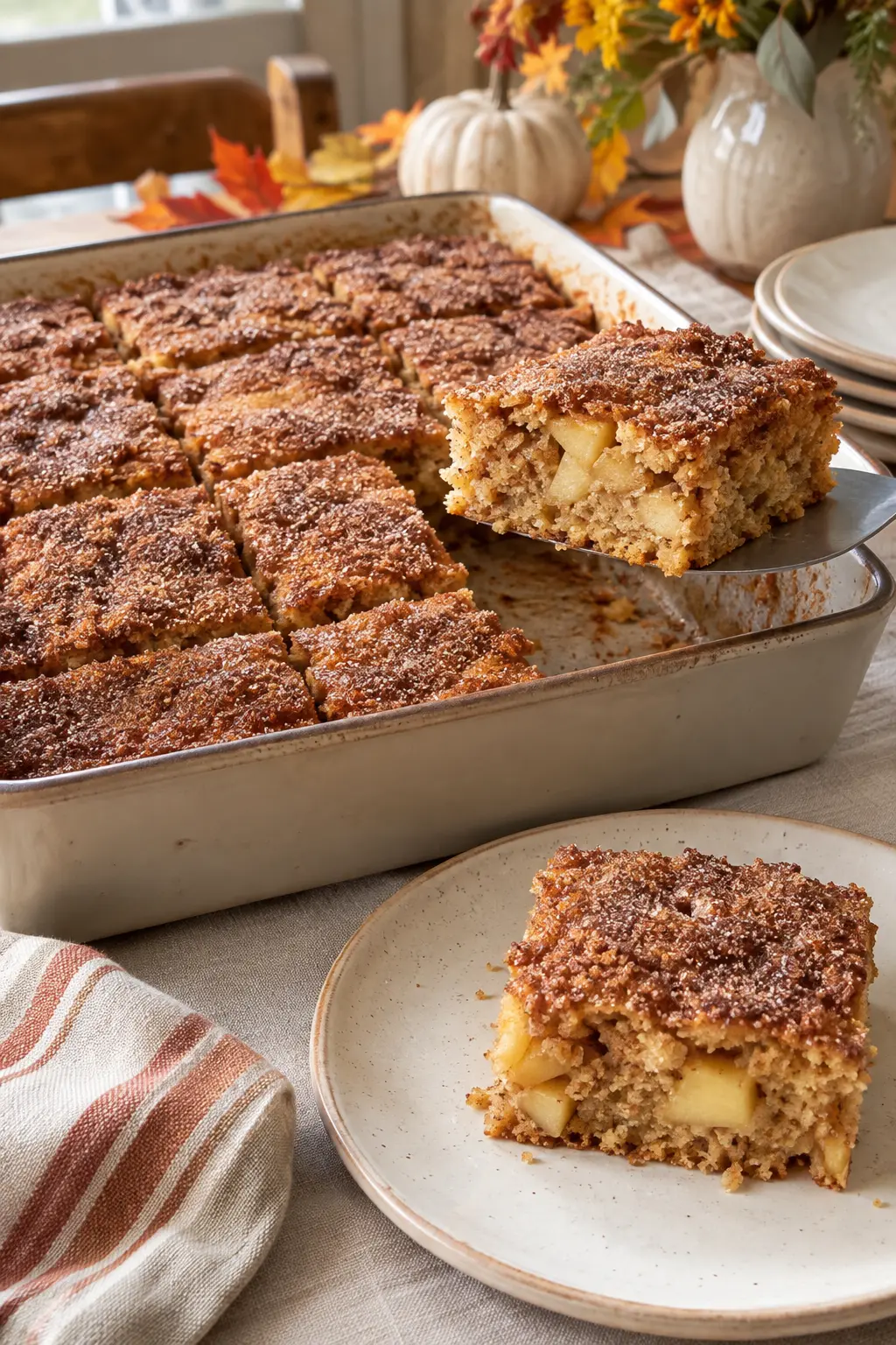 Egg-free apple cider snack cake cut into squares with cinnamon sugar top