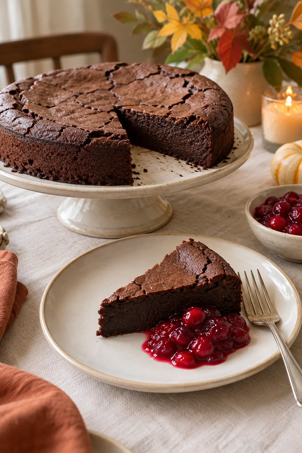 Dense flourless chocolate cake slice with bright cranberry sauce on the plate