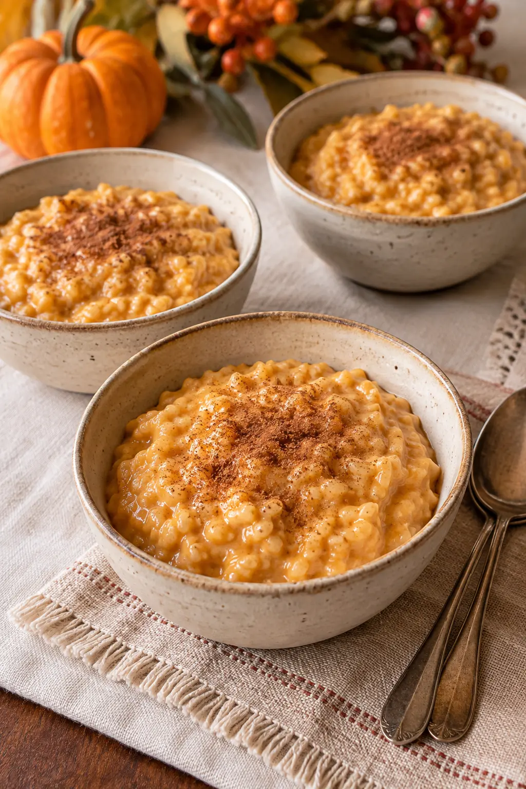 Dairy-free pumpkin rice pudding in warm ceramic bowls with cinnamon garnish