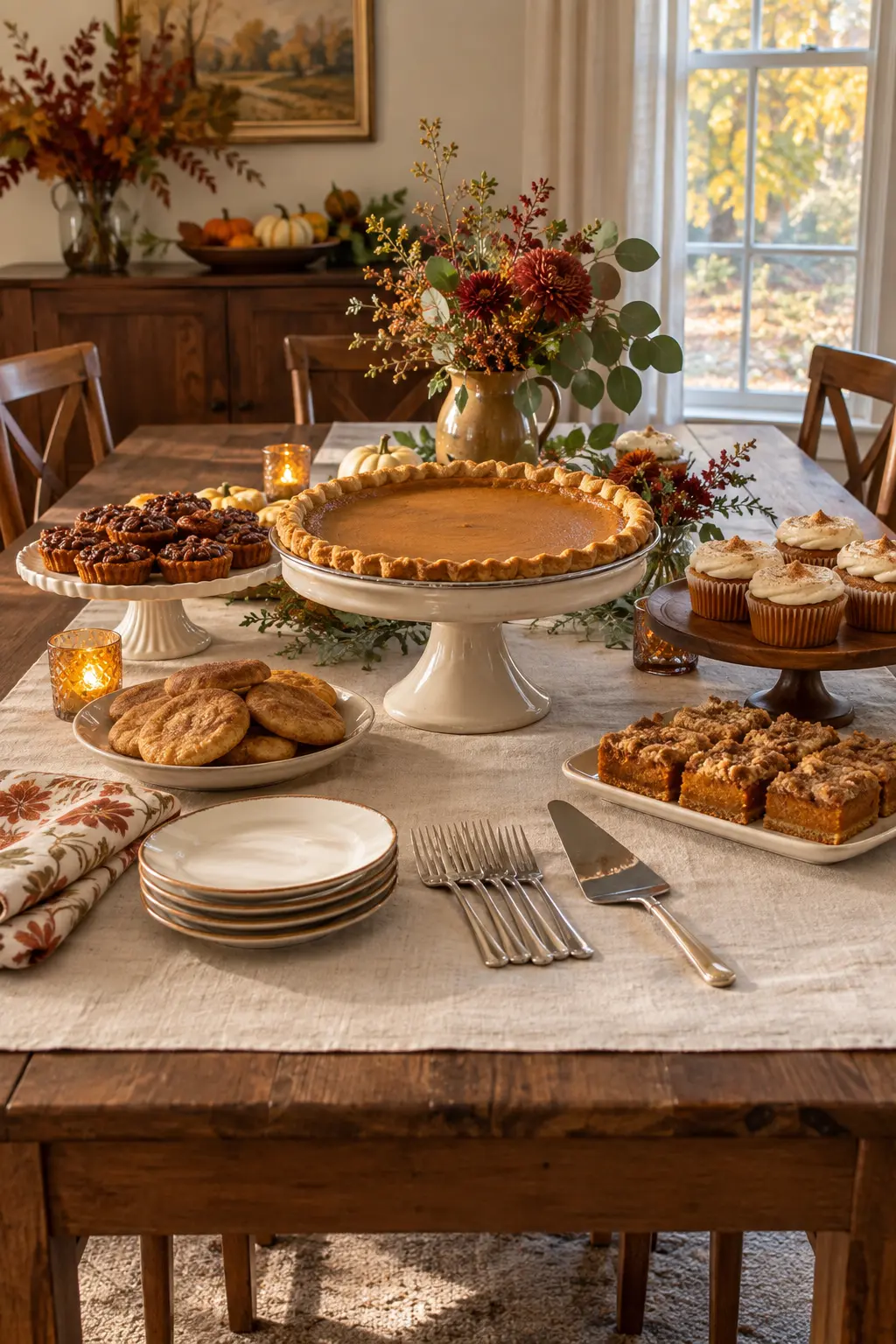 Thanksgiving dessert table with a pumpkin pie centered on a tall cream pedestal