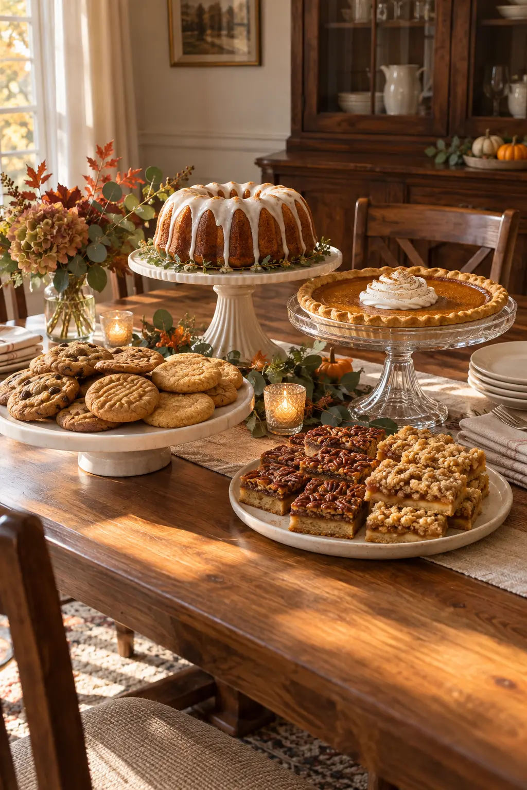 Layered Thanksgiving dessert buffet arranged on cake stands of different heights