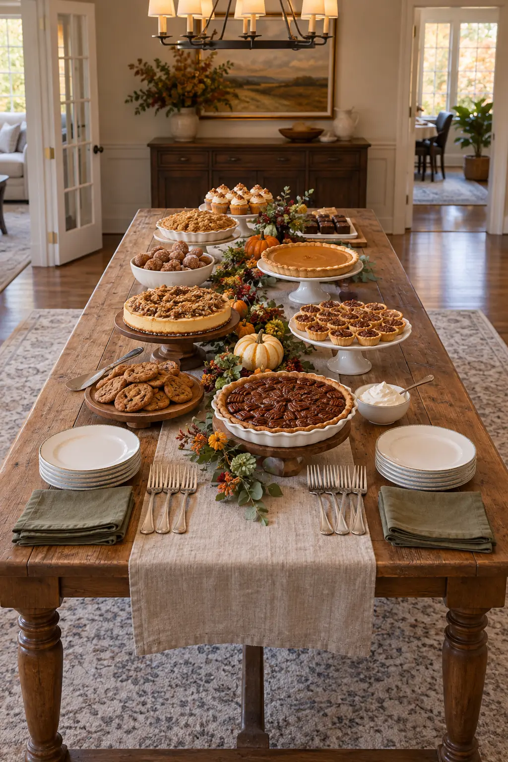 Freestanding Thanksgiving dessert buffet accessible from both sides