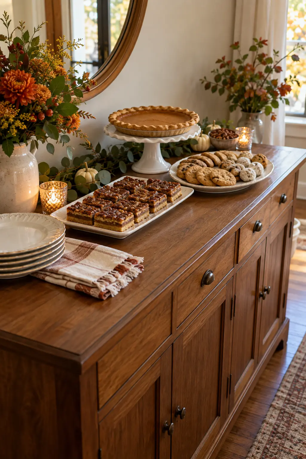 Compact Thanksgiving dessert display on a dining room sideboard