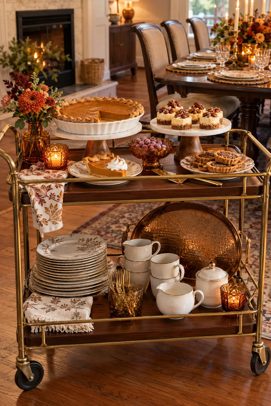 Two-tier rolling cart styled as a Thanksgiving dessert trolley