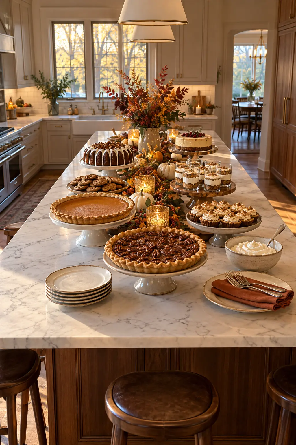 Thanksgiving desserts arranged around a large kitchen island
