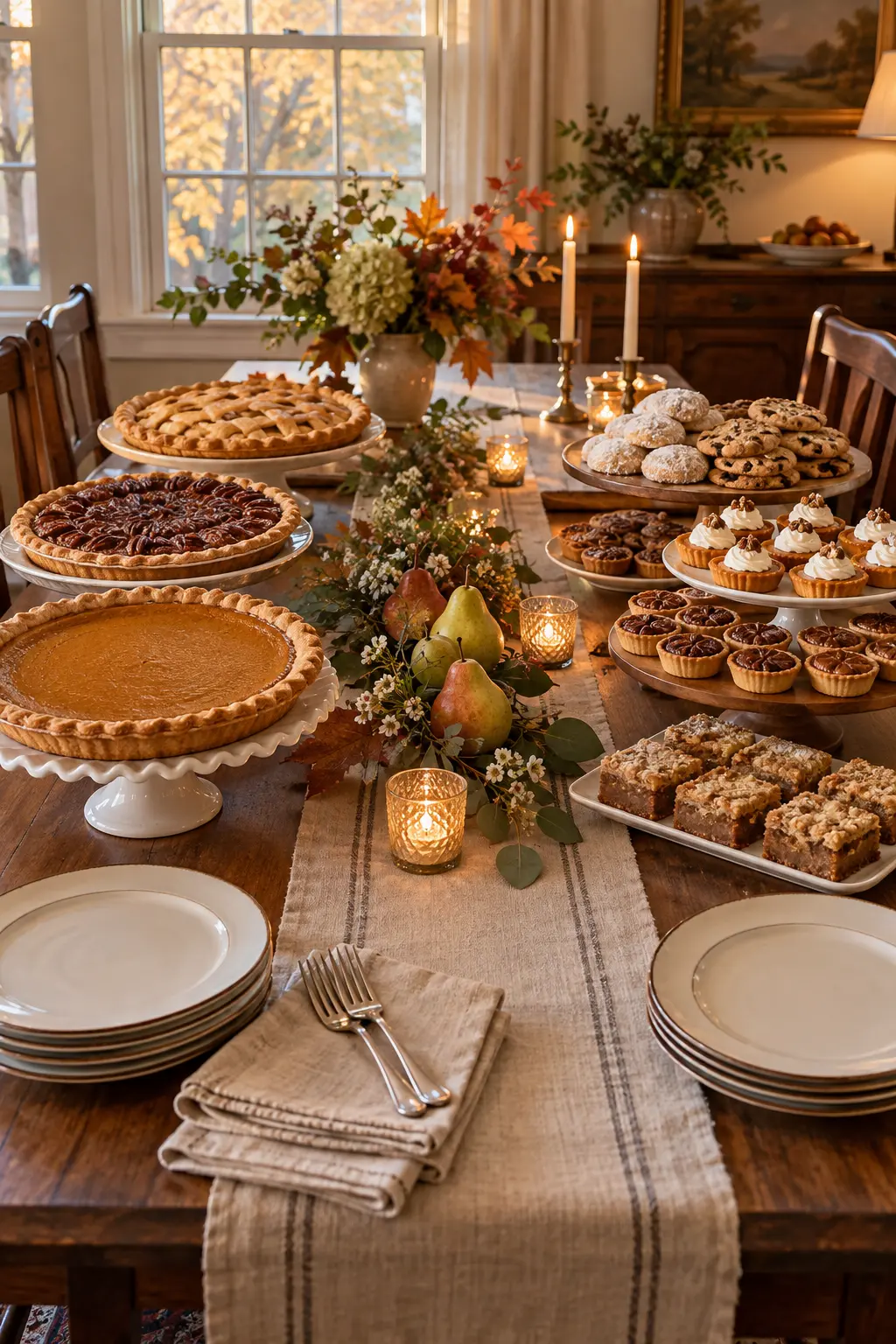 Thanksgiving dessert table divided between whole pies and bite-size sweets