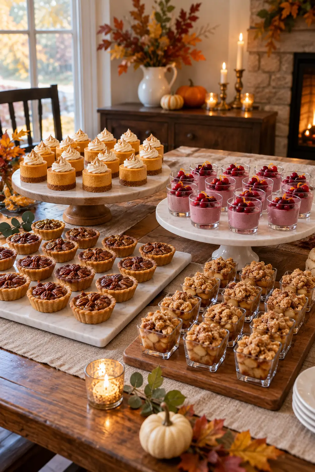 Neat grid of individual Thanksgiving mini desserts on a buffet table