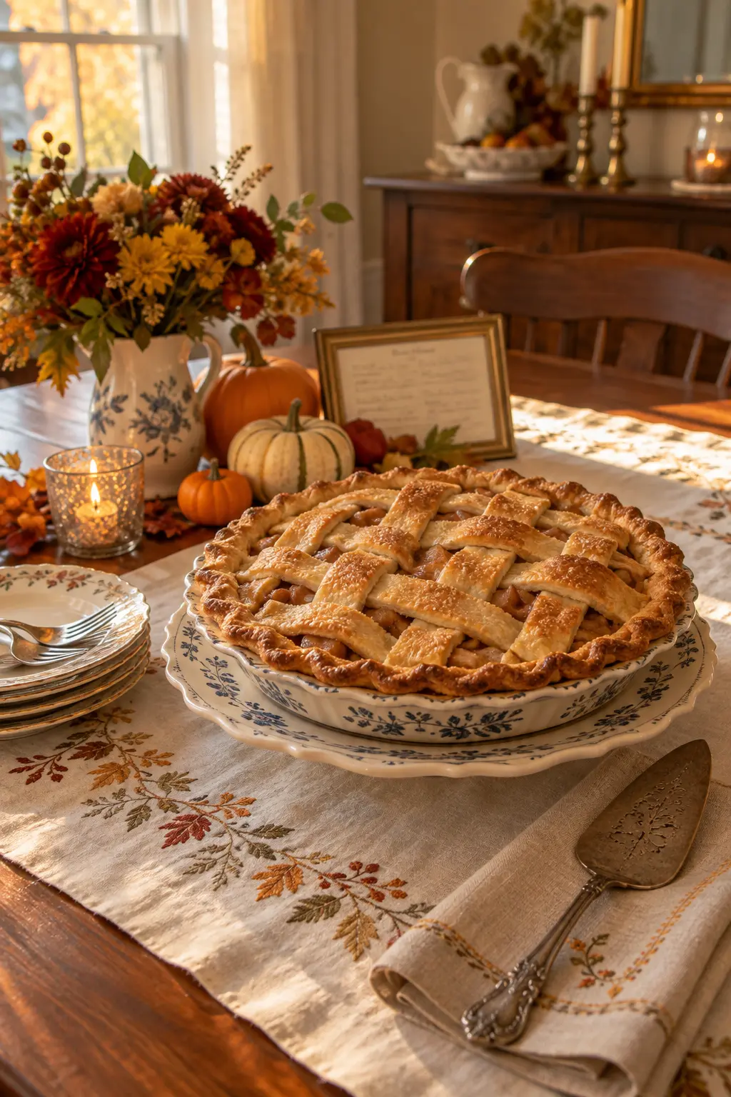 Heirloom-style Thanksgiving pie display with vintage server and framed recipe card without readable text