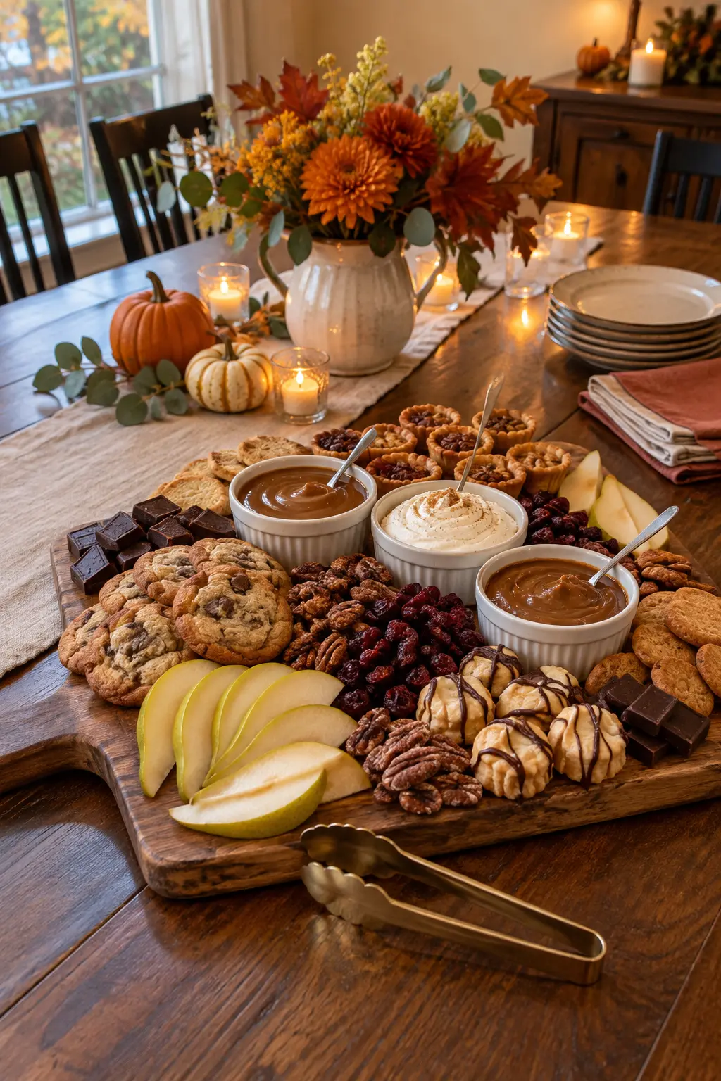 Thanksgiving dessert grazing board with cookies fruit chocolate and mini pastries