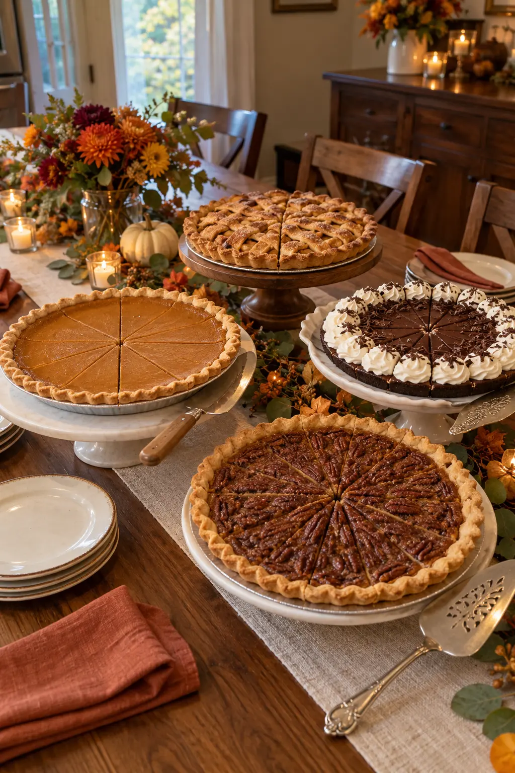 Four Thanksgiving pies displayed together as a tasting flight