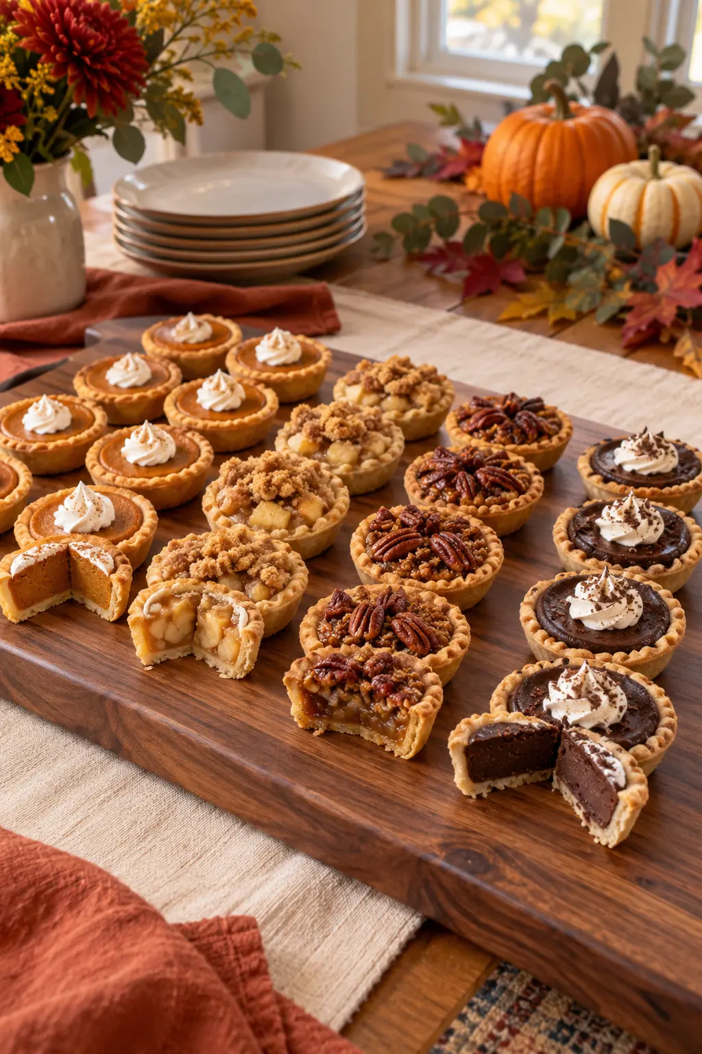 Thanksgiving mini pies arranged on a long tasting board