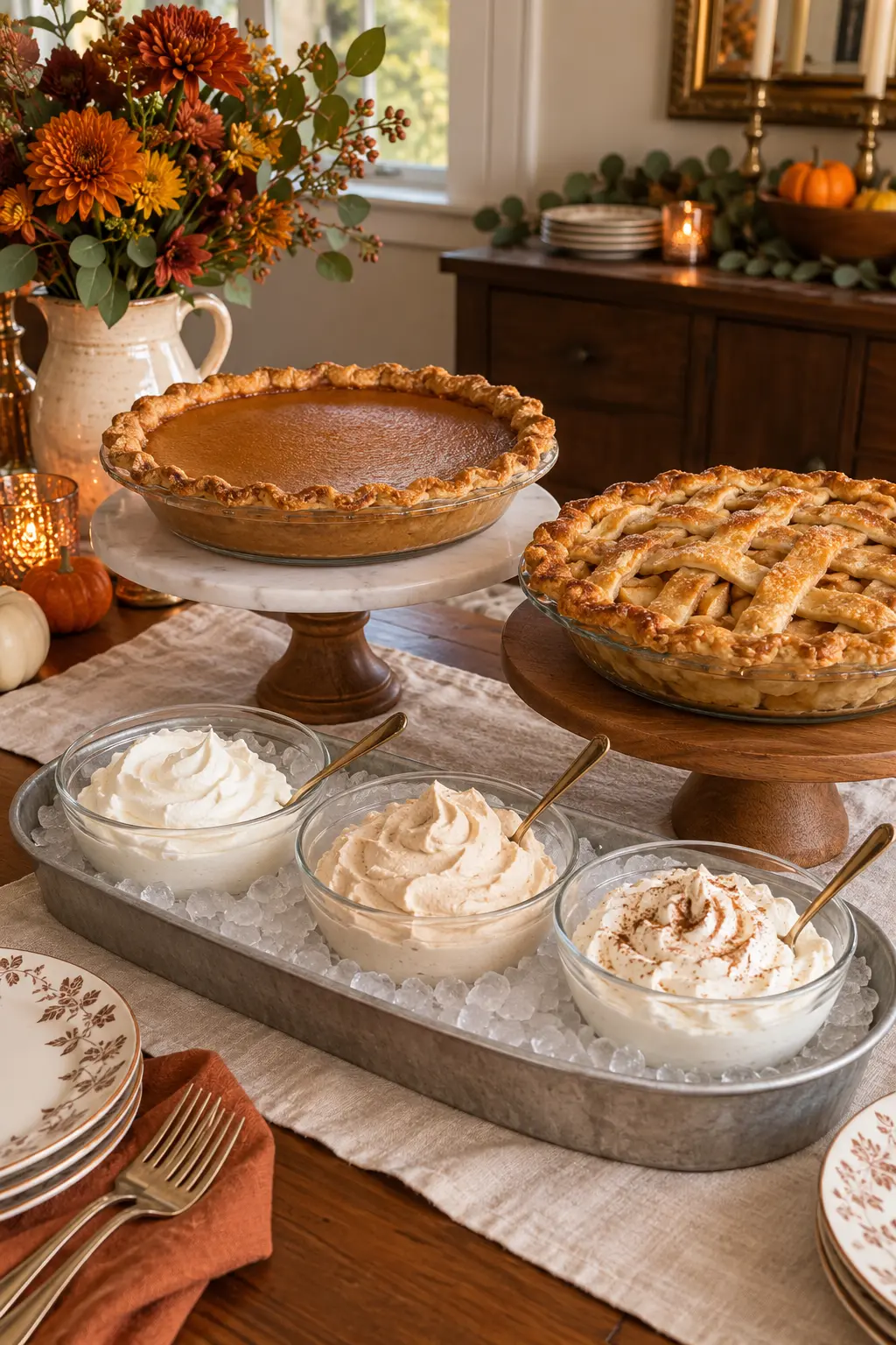 Thanksgiving pie station with bowls of plain maple and cinnamon whipped cream