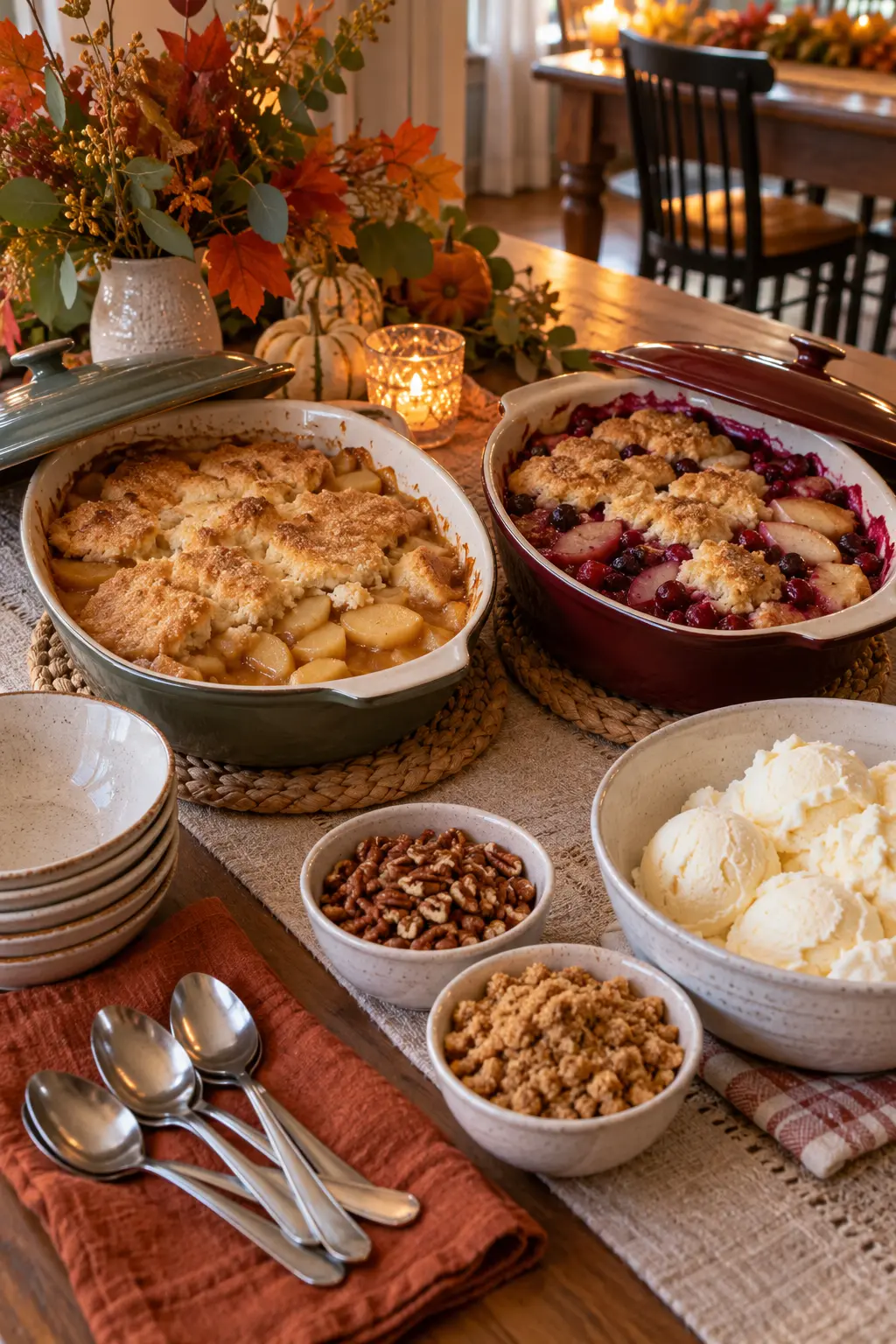 Warm apple and berry cobblers in serving dishes with bowls and toppings