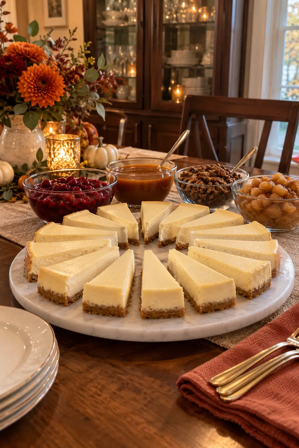 Cheesecake slices with small bowls of Thanksgiving toppings