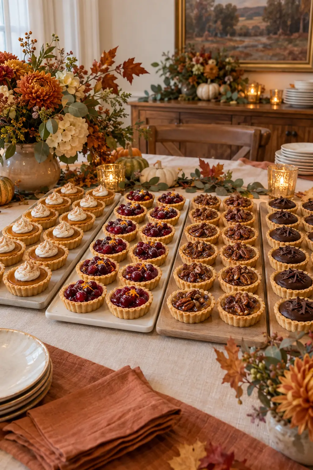 Rows of pumpkin cranberry pecan and chocolate mini tarts on a Thanksgiving table