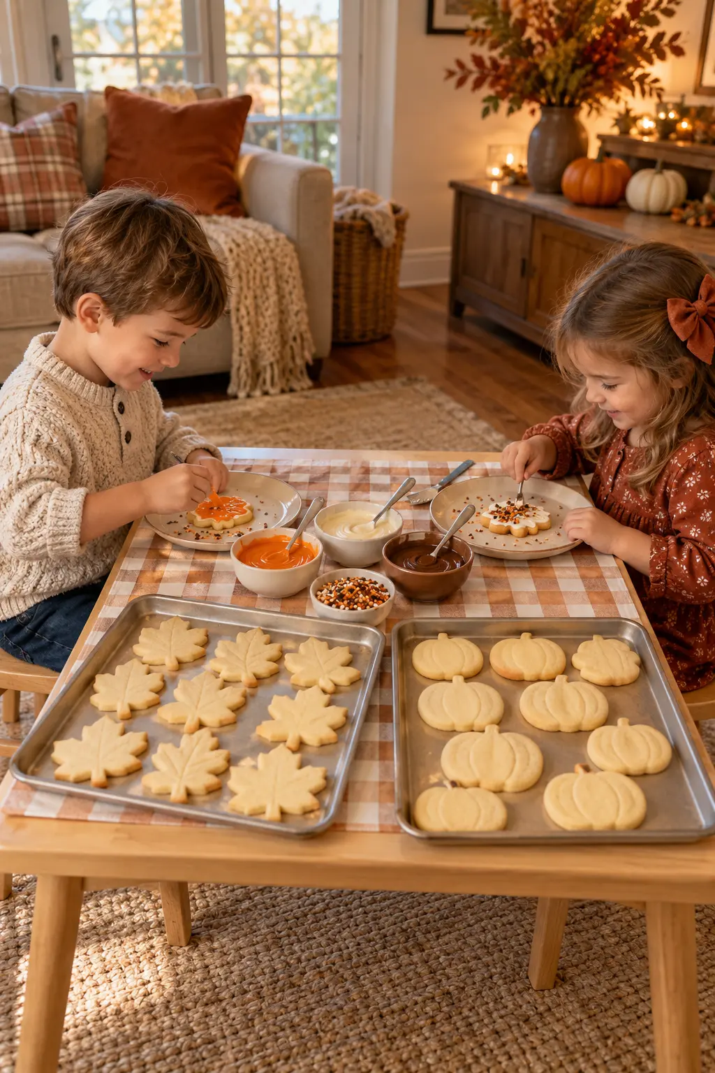 Thanksgiving cookie decorating station with plain leaf cookies and small bowls of icing