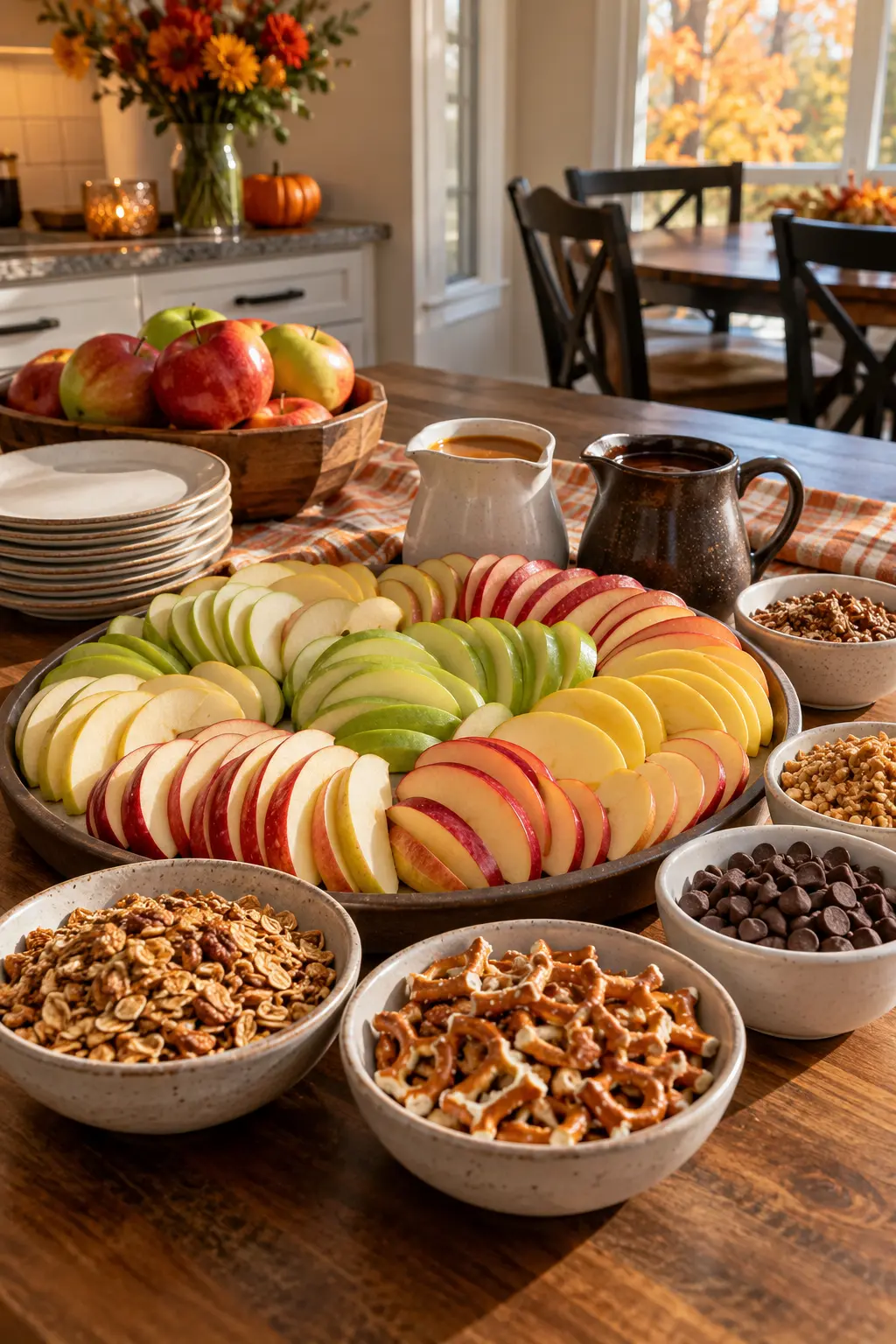 Thanksgiving caramel apple nacho station with sliced apples and toppings