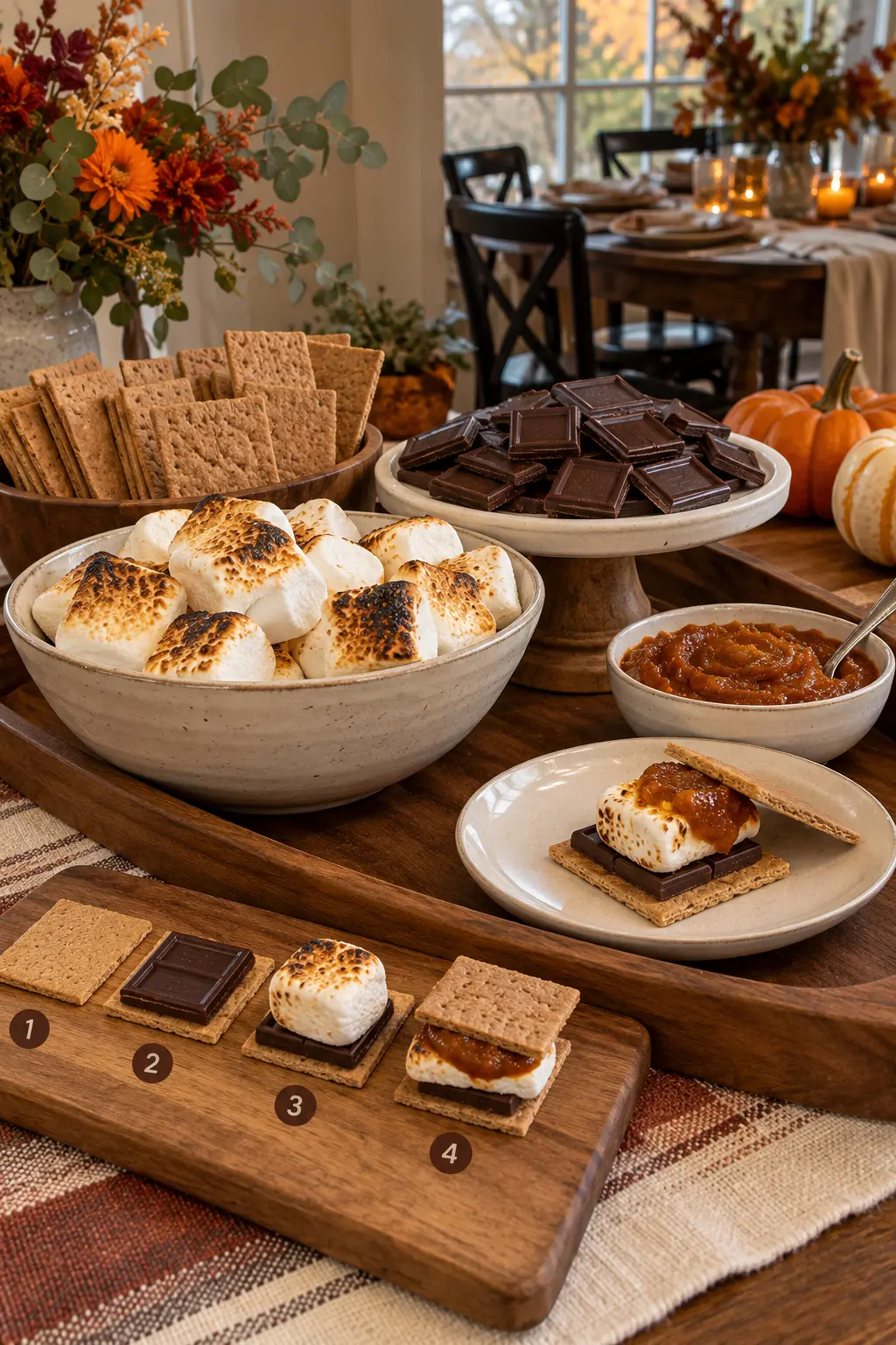 Safe flameless Thanksgiving smores station with toasted marshmallows crackers and chocolate