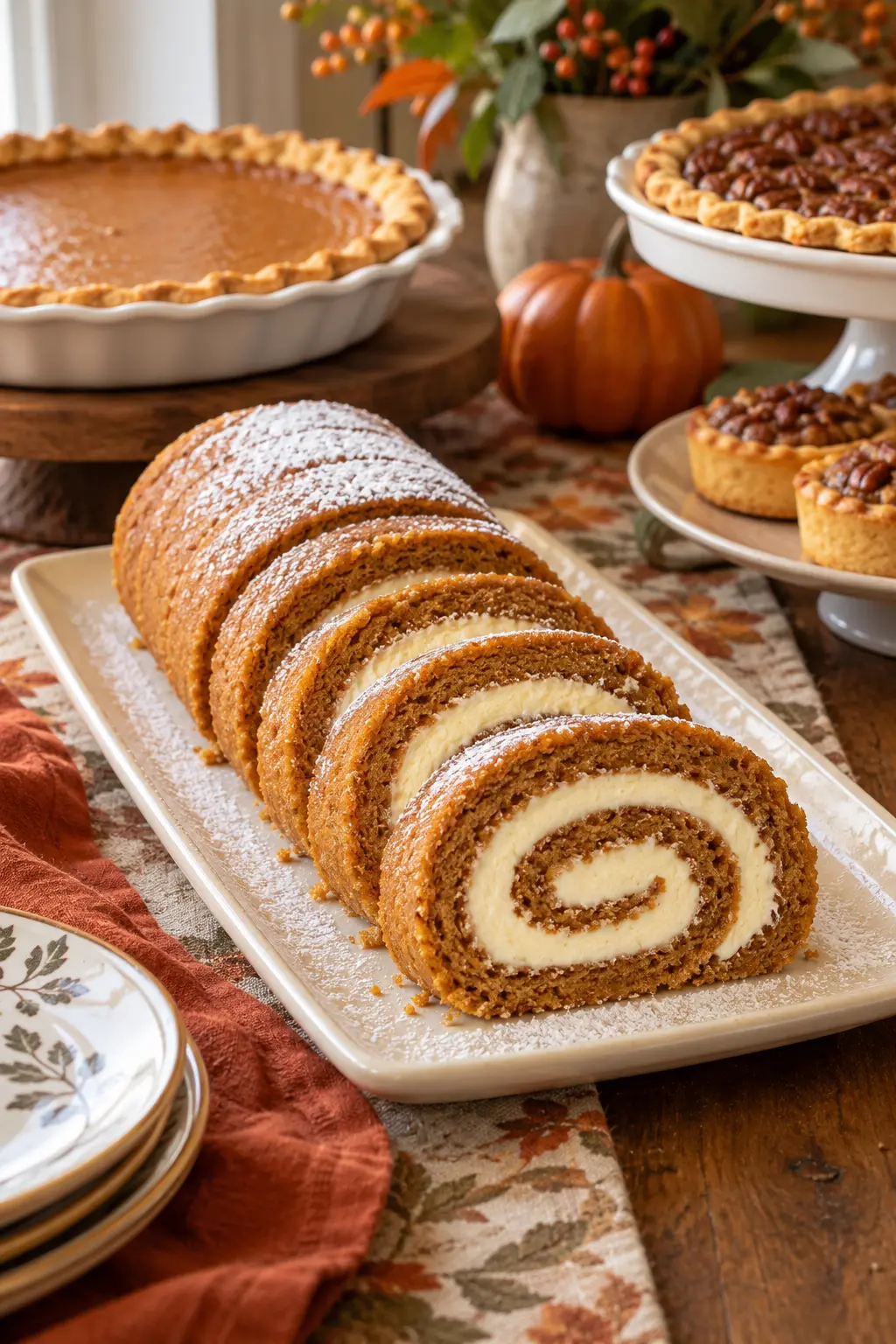 Sliced pumpkin roll with cream cheese swirl on a Thanksgiving dessert table