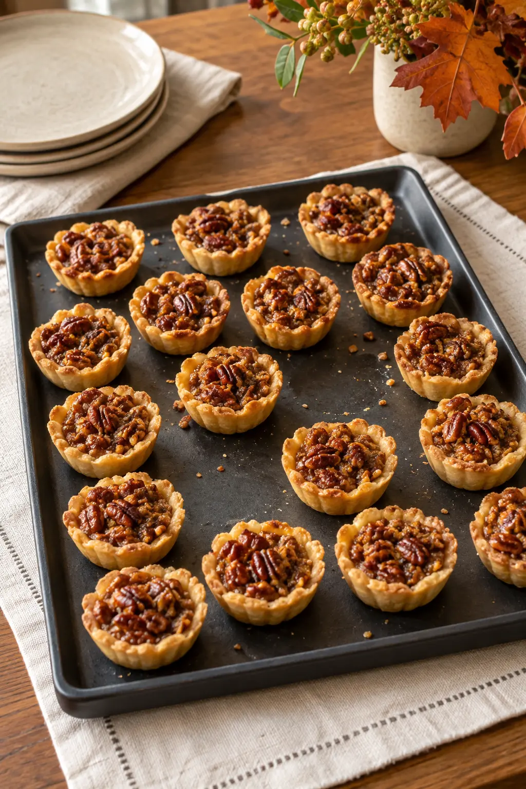 Small pecan tassies arranged in a neat grid on a dark serving tray